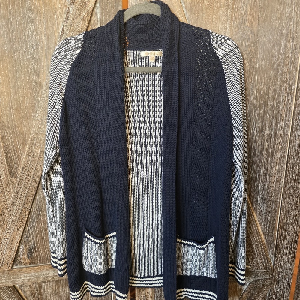 SKIES ARE BLUE Sweater Womens Size Large Navy Blue & White Stripes Open Cardigan
